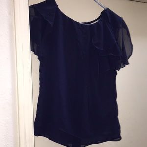 BCBG Generation Navy Blue Sheer Ruffle Top XS EUC